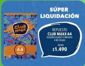 Repuesto club maxx a4 cuadriculado o rayado x 80 hojas