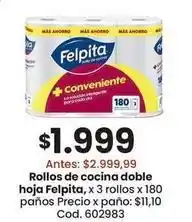 Coto Felpita - rollos de cocina doble hoja, x 3 rollos x 180 paños cod. 602983 oferta
