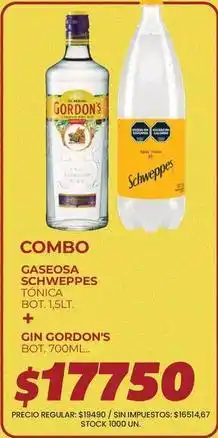 Supermercados Vea Gordon's - combo gaseosa schweppes tonica bot. 1,5lt. + gin gordon's bot. 700ml oferta