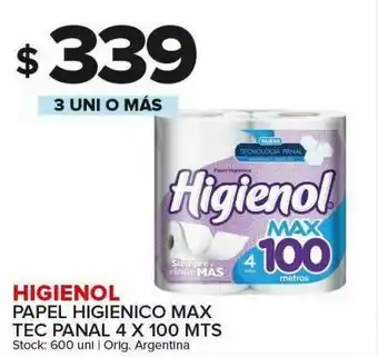 Carrefour Papel higiénico higienol max tec panal 4 x 100m oferta