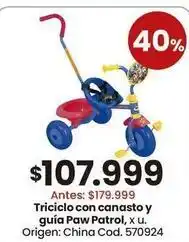 Coto Triciclo con canasto y guía paw patrol, x u. cod. 570924 oferta