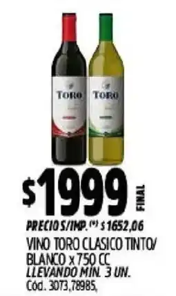 Supermercados Yaguar Toro vino clasico tinto/ blanco oferta