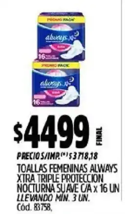 Supermercados Yaguar Always toallas femeninas xtra triple protección nocturna suave oferta