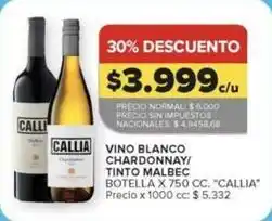 Carrefour Callia - vino blanco chardonnay/ tinto malbec oferta