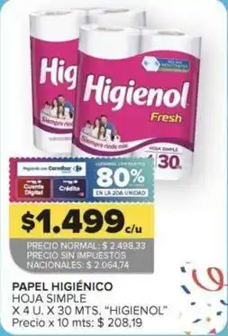 Carrefour Higienol - papel higiénico hoja simple oferta