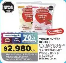 Carrefour Market La serenísima - yogur entero bebible frutilla/vainilla oferta