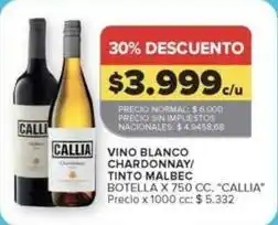 Carrefour Market Callia - vino blanco chardonnay/ tinto malbec oferta