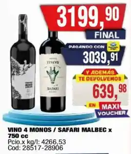 Maxiconsumo Vino 4 Monos / Safari Malbec oferta