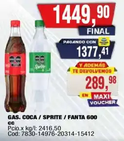 Maxiconsumo Coca cola gas / sprite / fanta 600 cc oferta