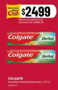 Diarco Colgate - dentífrico herbal anticaries x 70 gr oferta