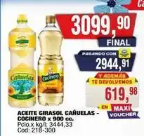 Maxiconsumo Cocinero - aceite girasol cañuelas - cocinero x 900 cc. pcio.x kg/l: 3444,33 cod: 218-300 oferta