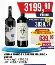 Maxiconsumo Vino 4 monos / safari malbec x 750 cc oferta