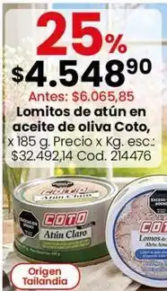Coto Coto - lomos de atún en aceite de oliva, x 185 g. precio x kg. esc.: $32.492,14 cod. 214476 oferta