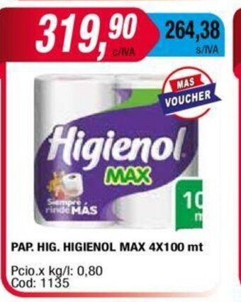 Maxiconsumo Pap.Hig. Higienol Max 4 x 100mt oferta