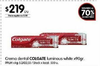 Disco Crema dental colgate luminous white 90g oferta