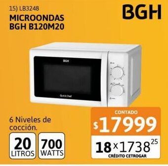 Cetrogar Microondas bgh qchef 20 litros b120m20 700w oferta
