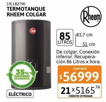 Cetrogar Termotanque rheem electrico para colgar 85 litros carga inferior gris oferta