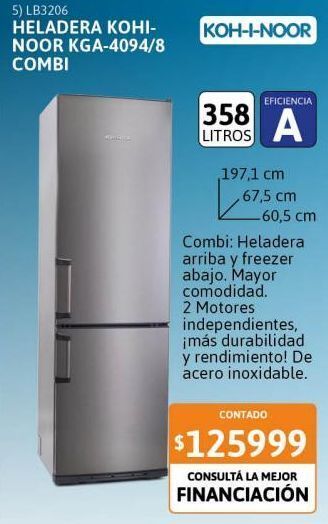 Cetrogar Heladera kohinoor 358 litros kga-4094/8 acero oferta