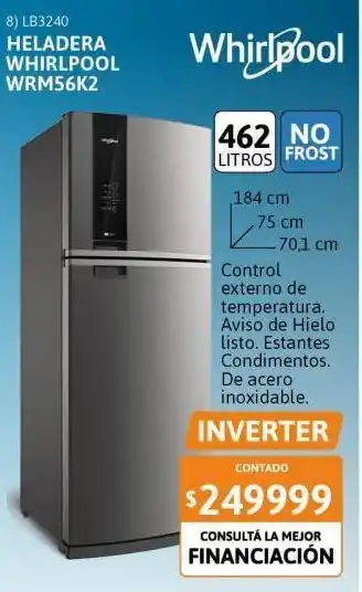 Heladera no frost whirlpool 462 litros wrm56k2 evox inverter