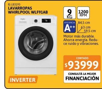 Cetrogar Lavarropas whirlpool sense inverter wlf91ab 9kg cf 1200rpm blanco oferta