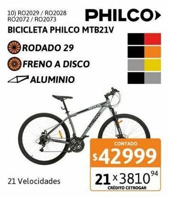 Cetrogar Bicicleta philco r29 mtb 21v t18 al fd gris y negro oferta