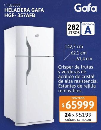 Cetrogar Heladera con freezer gafa 282 litros hgf-357 afb oferta