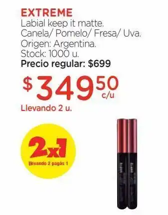 Farmacity Extreme labial keep it matte. canela/ pomelo/ fresa/ uva oferta