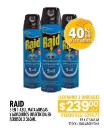 Pigmento Raid 5 en 1 Azul mata Moscas y mosquitos Insecticida en Aerosol x 360ml oferta