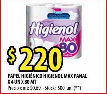Punto Mayorista Papel higiénico higienol max panal x 4 un x 80 mt oferta