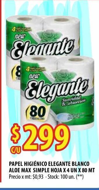 Punto Mayorista Papel higiénico elegante blanco aloe max simple hoja x 4 un x 80 mt oferta