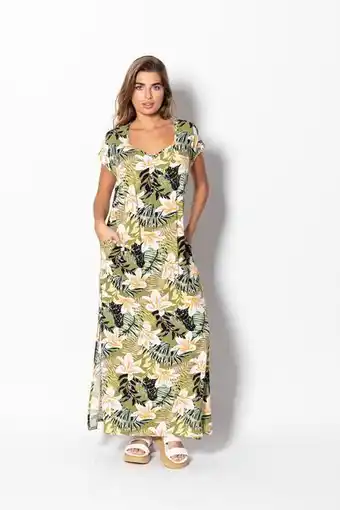 Vestido gregoria largo, escote espejo con frunce y manga japonesa. fibrana estampada hojas y flores.