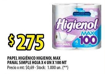 Punto Mayorista Papel higiénico higienol max panal simple hoja x 4 un x 100 mt oferta