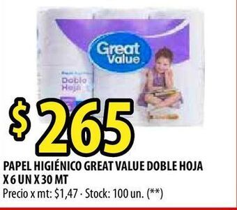 Punto Mayorista Papel higiénico great value doble hoja x 6 un x 30 mt oferta
