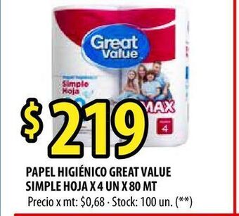 Punto Mayorista Papel higiénico great value simple hoja x 4 un x 80 mt oferta