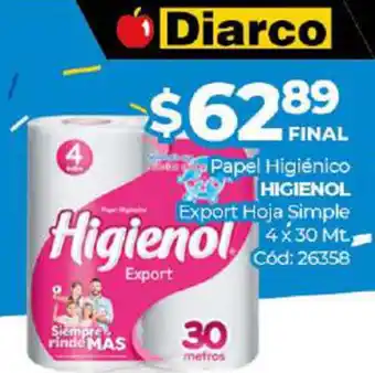 Diarco Higienol Papel higienico Export Hoja Simple 4x 30Mt oferta