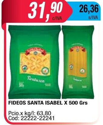Maxiconsumo Santa Isabel Fideos x 500grs oferta