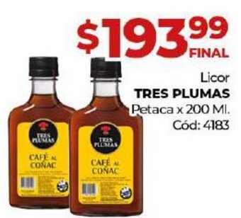 Diarco Tres Plumas Licor Petaca x 200 ml. oferta