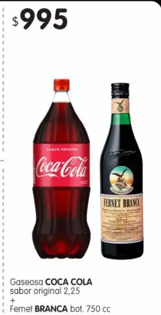 Jumbo Gaseosa coca cola 2,25l + fernet branca 750cc oferta