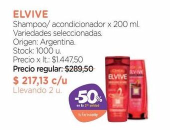Farmacity Elvive shampoo/ acondicionador x 200 ml. variedades seleccionadas. oferta