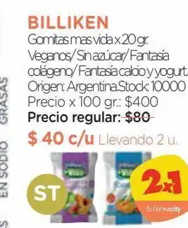 Farmacity Billiken gomitas mas vida x 20 gr. veganos/ sin azúcar/ fantasía colágeno/ fantasía calcio y yogurt oferta