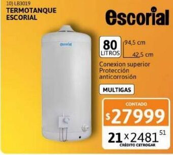 Termotanque escorial multigas colgar 80 litros superior