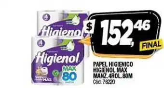 Supermercados Yaguar Higienol Max Manz. Papel Higienico 4rol. 80m oferta