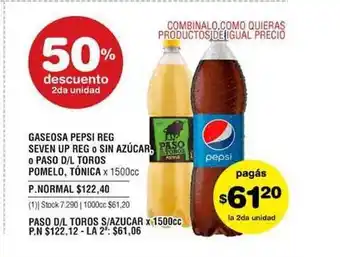 Atomo Conviene Pepsi Reg, Seven Up Reg O Sin Azúcar, O Pasa D/L Toros Pomelo, Tónica Gaseosa x 1500cc oferta