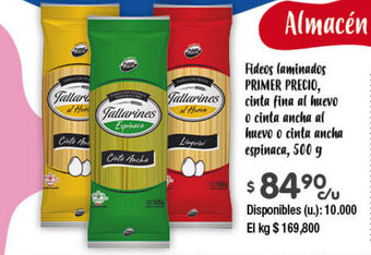 Cooperativa Obrera PRIMER PRECIO Fideos laminados, cinta fina al huevo o cinta ancha al huevo o cinta ancha espinaca, 500g oferta