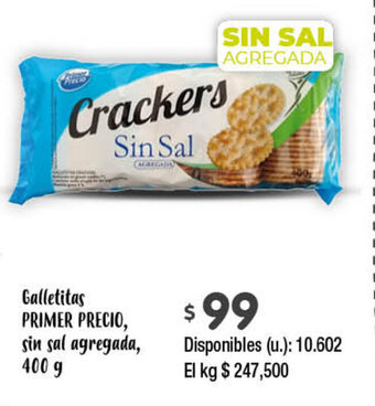 Cooperativa Obrera PRIMER PRECIO Galletitas, sin sal agregada, 400g oferta