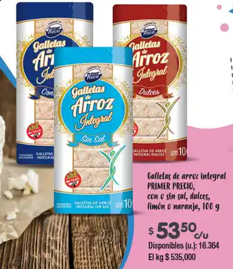 Cooperativa Obrera PRIMER PRECIO Galletas de arroz integral con o sin sal, dulces, limón o naranja, 100g oferta