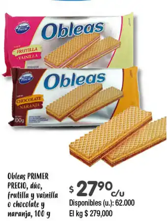 Cooperativa Obrera PRIMER PRECIO Obleas, dúo, frutilla y vainilla o chocolate y naranja, 100g oferta