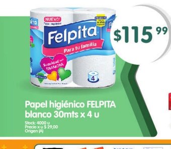 Papel Higiénico Felpita blanco 30mts x 4 u