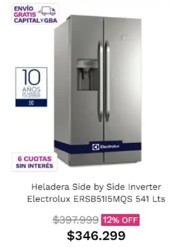 Frávega Heladera Side by Side Inverter Electrolux ERSB51L5MQS 541 Lts oferta