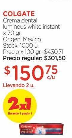 Farmacity Crema dental luminous white instant x 70 gr. oferta